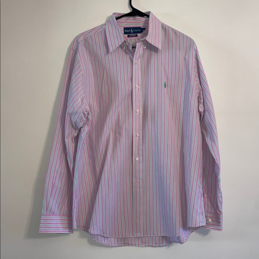 Ralph Lauren Men's Pink and White Striped Dress Shirt